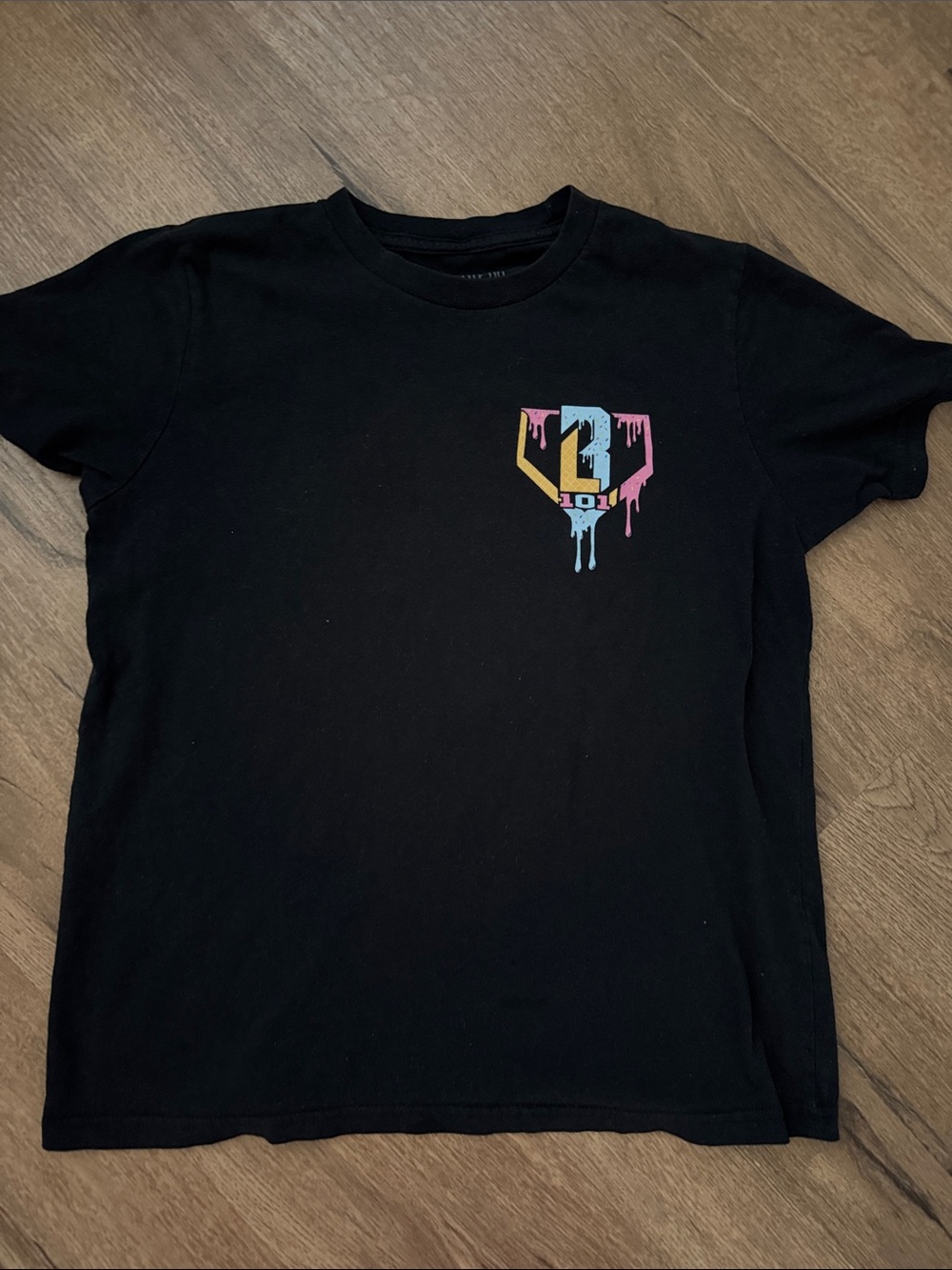 Black Short-Sleeve Kids Tee with Multicolor Drip Crest